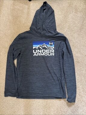 Under Armour Charcoal Hooded Long Sleeve Top with Mountain Logo and Blue Accent